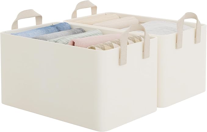 StorageWorks Closet Storage Bins, Storage Baskets for Shelves, Closet Organizers and Storage Bins with Metal Frame, Handles, Beige, Cool Silky Fabric, 2-Pack