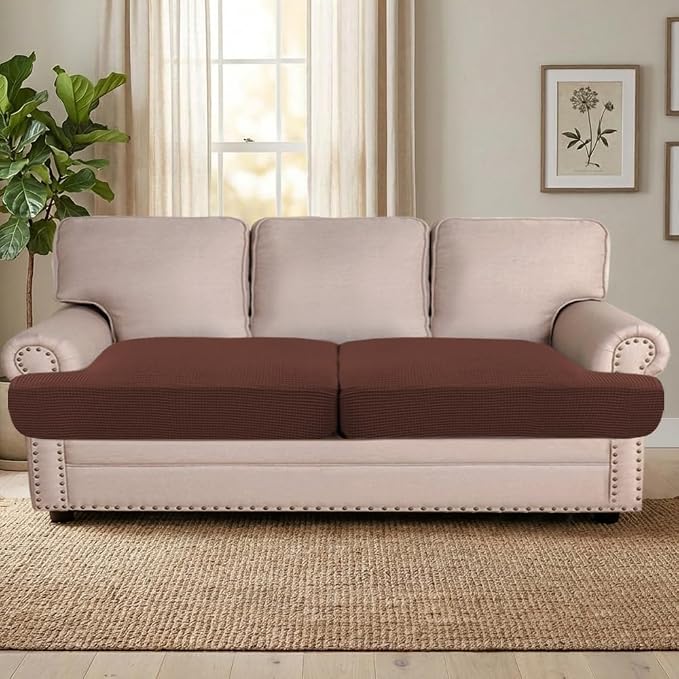 H.VERSAILTEX Stretch 2 Piece T Cushion Sofa Slipcovers Individually Sofa Cushion Covers for 2 Cushion Couch Sofa Seat Cushion Covers with Elastic Bands Featuring Thicker Jacquard Fabric, Burnt Brick