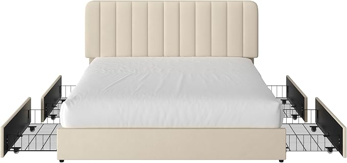 VECELO King Size Upholstered Bed Frame with 4 Drawers and Headboard, Velvet Platform Storage Bedframe, Wooden Slats Support, No Box Spring Needed,Bone Beige