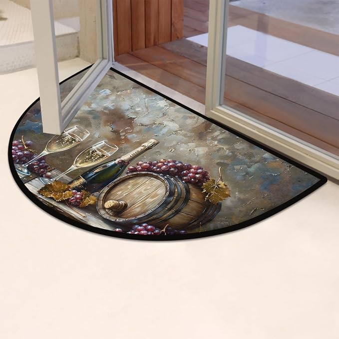 Wine Half Round Doormat Non-Slip Semi Circle Rug Half Moon Mat | Grey Painting Fruit Washable Soft Absorbent Indoor Outdoor Entrance Kitchen Bathroom Sink Patio Welcome Fireplace Floor Rug