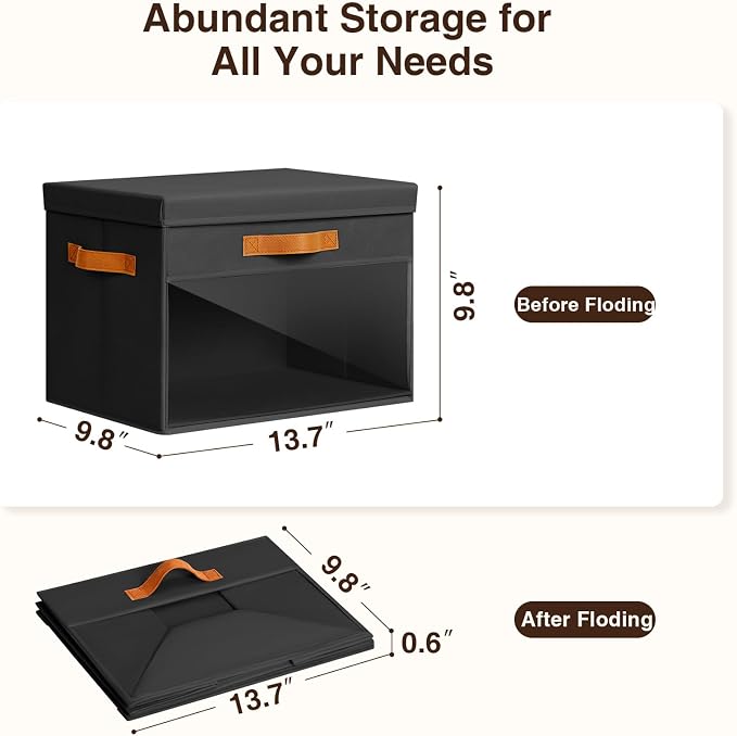 Homsorout Large Storage Bins with Lids - 6 Pack Foldable Decorative Organizers with Clear Windows & Handles, Cube Storage Organizers for Clothes, Blankets, Sweaters, Sheets, Black