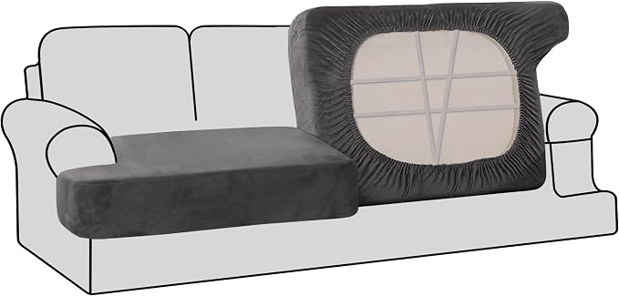 H.VERSAILTEX Stretch Velvet 2 Piece T Cushion Sofa Slipcovers - Individually Fitting Cushion Covers for 2 Cushion Couch - Stay in Place (Grey)