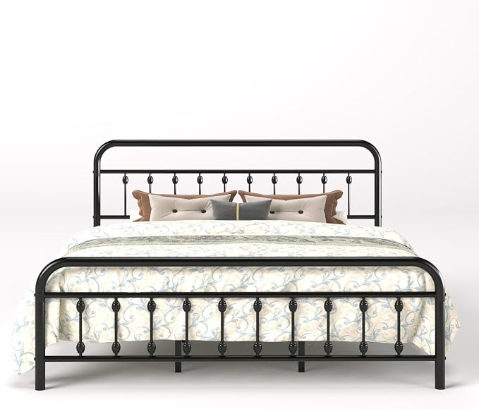SHA CERLIN King Metal Bed Frame with Victorian Iron-Art Headboard, Black | Victorian Iron-Art Headboard and Footboard, Easy Assembly, Under Bed Storage, No Box Spring Required