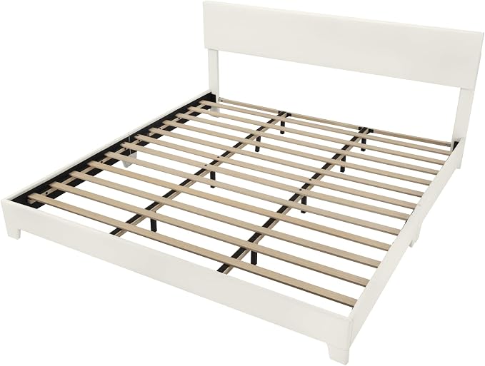Allewie King Size Upholstered Bed Frame Adjustable Headboard, White | Platform Bed with Heavy Duty Mattress Foundation, Noise-Free, Easy Assembly, Wood Slat Support, No Box Spring Needed