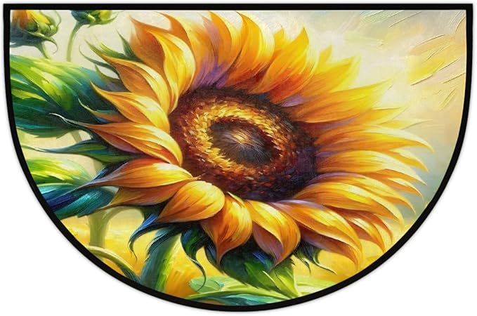 Sunflower Half Round Door Mat Non Slip Half Circle Rugs | Art Yellow Washable Half Moon Rug Semi Circle Rugs Indoor Entrance Floor Carpet for Kithen Bedroom Fireplace Decor