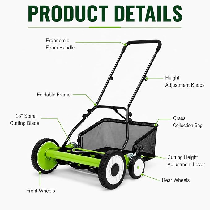 18-Inch Push Reel Lawn Mower, 5-Blade Manual Grass Cutter for Yard Care