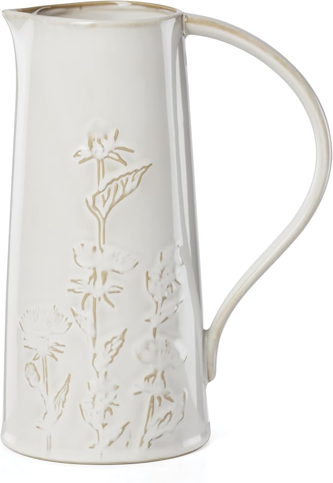 Lenox Homespun Ceramic Water Pitcher, 82oz | thistle design, dishwasher safe | table and home decor | 9 inch, 82oz, gift for women, kitchen decor