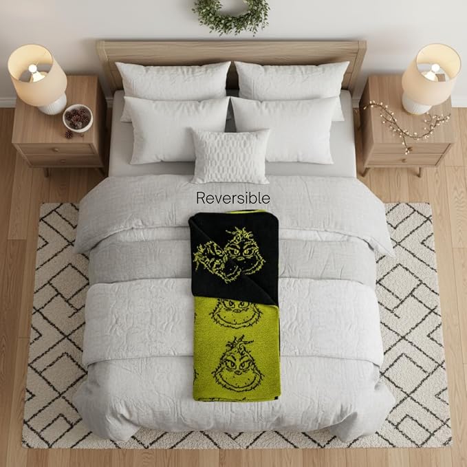 Dr. Seuss Grinch Holiday & Christmas Bedding Soft Cozy Chic Dreams Feather Knit Intarsia Throw Blanket, 50 in x 60 in, (Officially Licensed Product) by Franco Collectibles