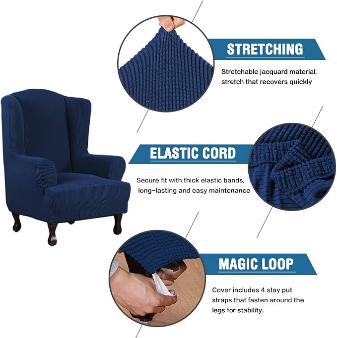 H.VERSAILTEX Wing Chair Slipcover Chair Covers for Wingback Chairs Wingback Chair Covers Slipcovers 1 Piece Stretch Sofa Cover Furniture Protector Soft Spandex Jacquard Checked Pattern, Navy