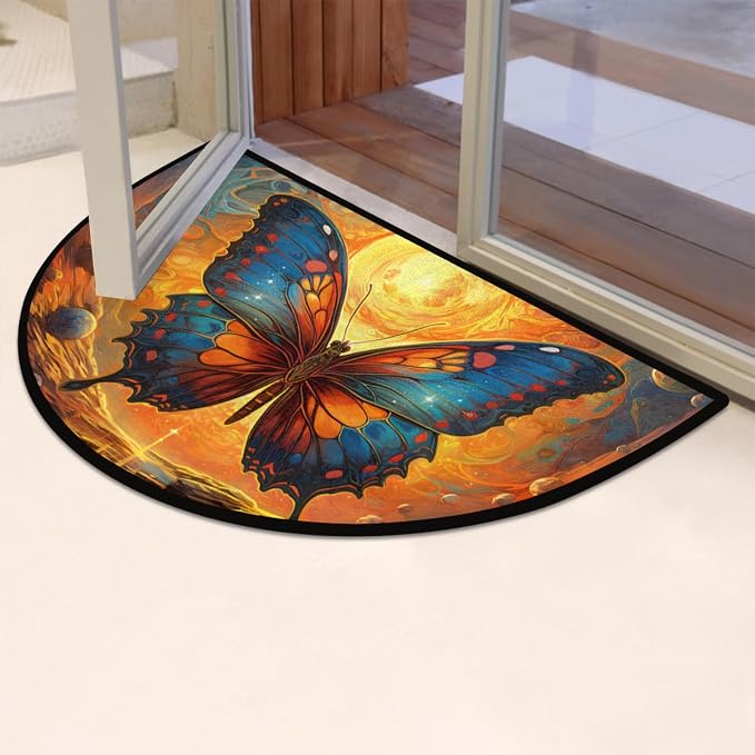 Half Round Door Mat Butterfly Solar System Intdoor Entrance 36x24 Inch, Non-Slip Welcome Mat for Outdoor Semi Circle Bathroom Floor Rugs,House Entry Way Heavy Duty Doormat for Kitchen Living Room