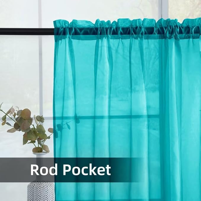 youleyar Solid Sheer Rod Pocket Curtain Voile Draperies 2 Panels White Beige Black Grey Coffee 52 Inch Width 54 Inch Long 1 Pair for Kitchen Bedroom Children Living Room Yard (Peacock Blue,52Wｘ54L)