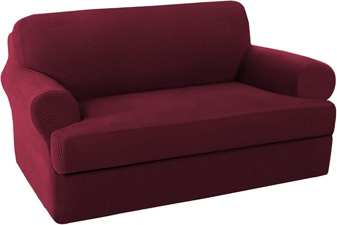 H.VERSAILTEX High Stretch 2 Piece Loveseat Couch Covers Furniture Protector Sofa Cover Suit for T Cushion/Box Cushion, Durable and Thick Spandex Stretch Fabric Soft Slipcover - Loveseat, Burgundy Red