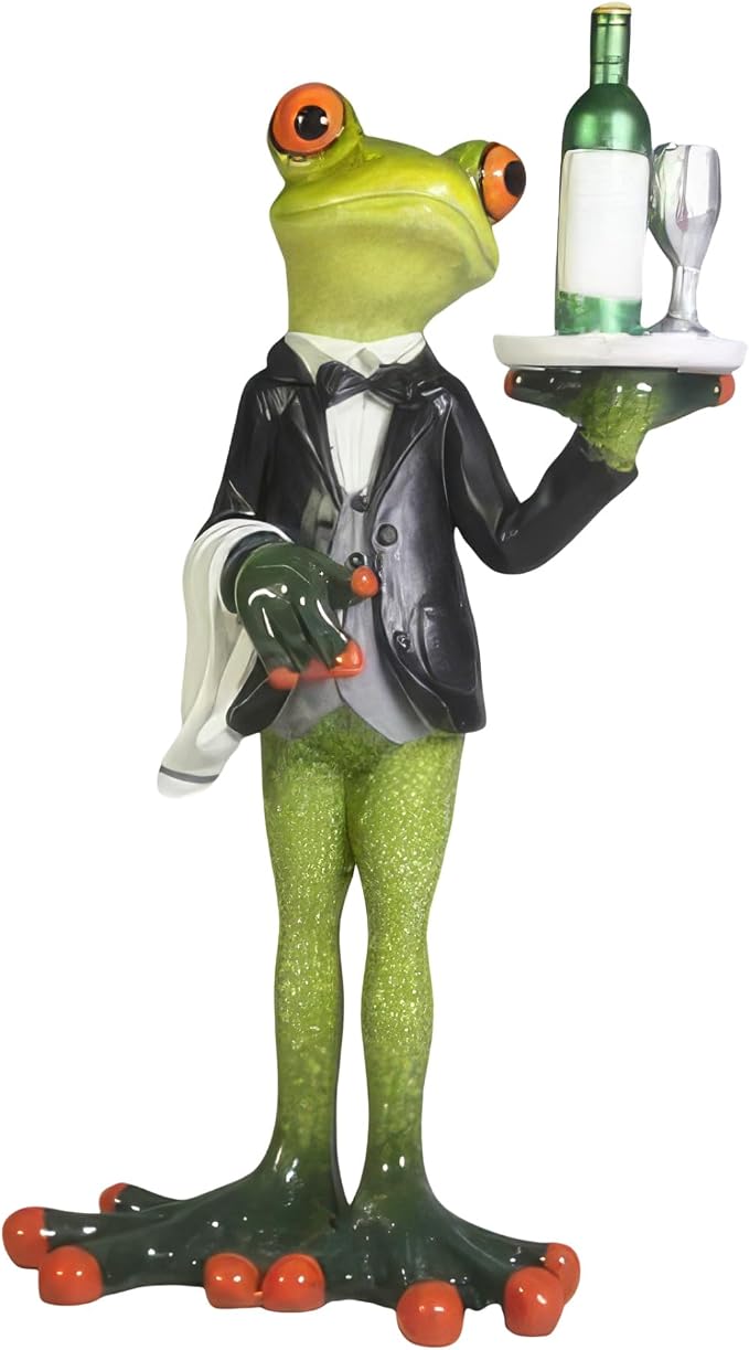 ICE ARMOR 7" H Frog Bartender Serving Wine Figurine Statue Sculpture Ornament Decor for Housewarming, Holidays, Christmas for Men/Women