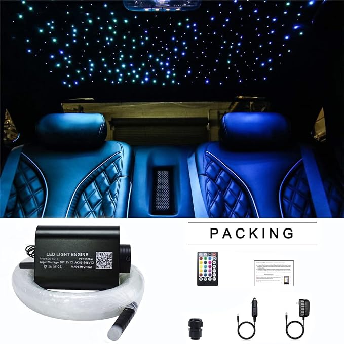 AZIMOM 16W Sound Activate Starlight Headliner Kit Mixed 335pcs 13.1ft Fiber Strands, Fiber Optic Starlight Light Music Mode Remote APP Control Car Use Home Headliner Lighting Decoration
