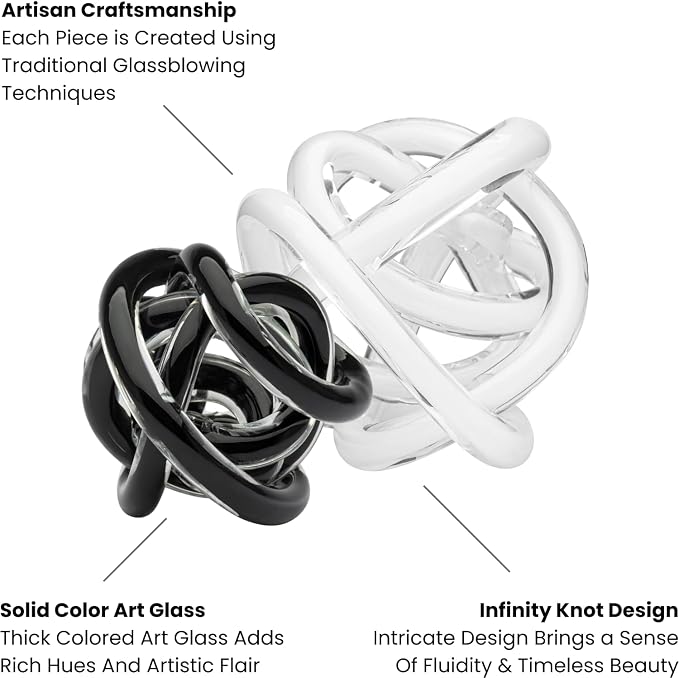 Torre & Tagus Orbit Hand Blown Glass Infinity Knot Sculpture - 3 Inch Glass Art Black Knot Decor Ball for Home Decor, Small Centerpiece Table Decoration for Home Interior (Solid Black)
