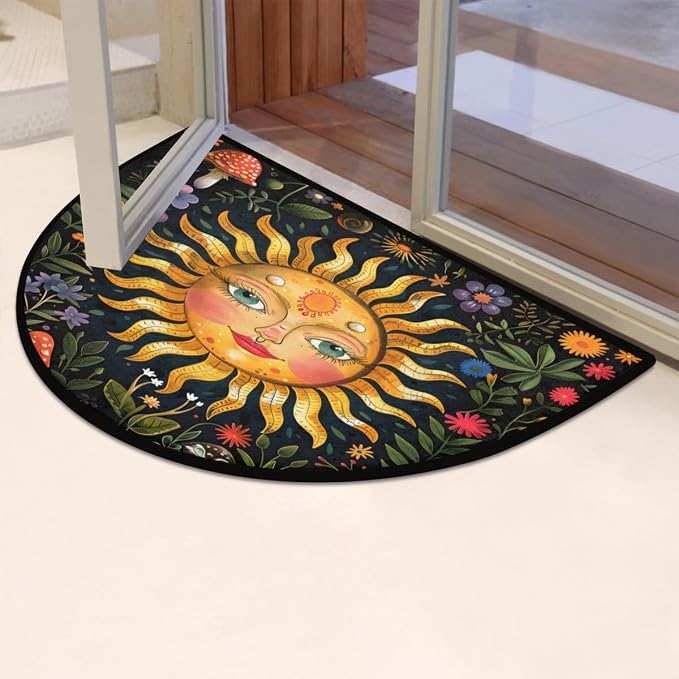 Half Round Doormat Boho Flower Sun Non Slip Half Circle Area Rugs Indoor Washable Half Moon Rug Semi Circle Bathroom Runner Mat Entrance Floor Carpet for Kithen Bedroom Fireplace Decor