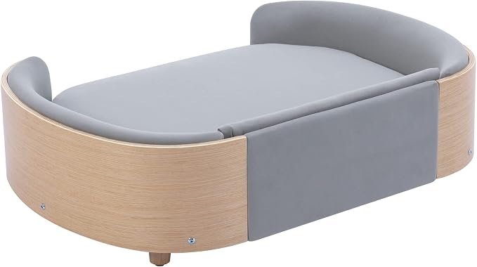Hayaz Dog Bed Pet Sofa, House Dog Cat Bed, Large Size Pet Bed with Solid Wood Frame & Washable Velvet Cushion, Modern Pet Furniture for Cats and Small to Medium Dogs, Light Gray+Natural