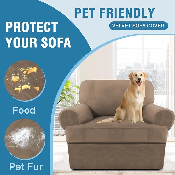 H.VERSAILTEX Sofa Cover 2 Piece T Cushion Armchair Slipcovers Thick Velvet Couch Cover Furniture Protector Stretch T Cushion Sofa Covers for 1 Cushion Couch with 1 Individual T Cushion Covers, Camel