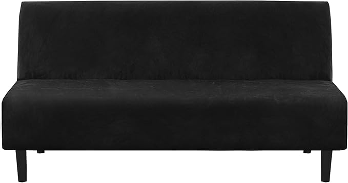H.VERSAILTEX Velvet Futon Cover Armless Sofa Covers Sofa Bed Covers Stretch Futon Couch Cover Sofa Slipcover Furniture Protector Thick Soft Form Fitted Stay in Place, Black
