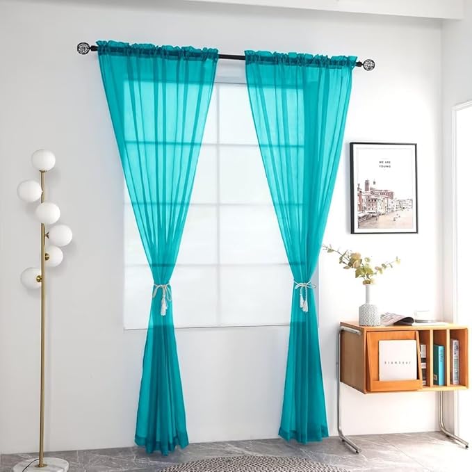 youleyar Solid Sheer Rod Pocket Curtain Voile Draperies 2 Panels White Beige Black Grey Coffee 52 Inch Width 54 Inch Long 1 Pair for Kitchen Bedroom Children Living Room Yard (Peacock Blue,52Wｘ54L)