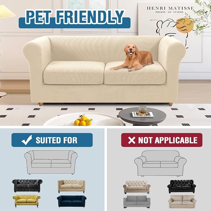 H.VERSAILTEX 3 Pieces Loveseat Slipcovers for 2 Cushion Couch Stretch Traditional Chesterfield Loveseat Cover Mid Century Deep Seat Couch Cover, Thicker Jacquard Fabric(Medium Sofa, Natural)