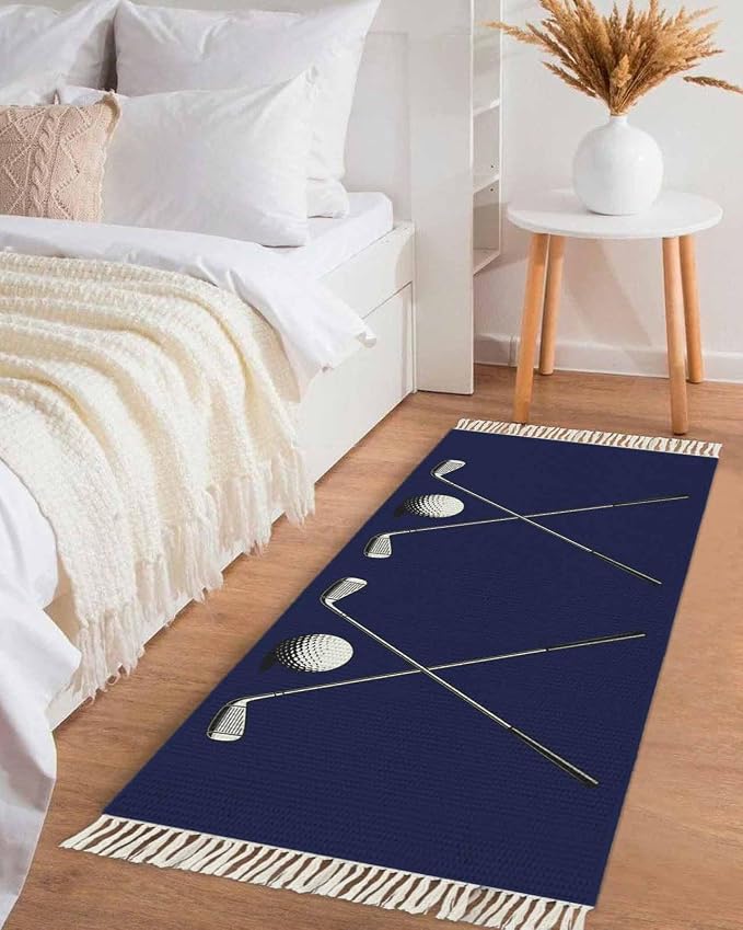Navy Blue Hallway Runner Rug 2X6 Ft Kitchen Carpet, Washable Woven Sports Golf Ball Throw Carpet with Tassel, Non-Shedding Modern Minimalist Art Bedroom Laundry Rugs