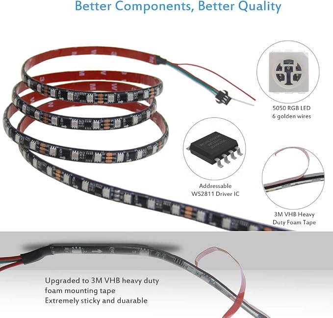 ALITOVE WS2811 RGB-IC Addressable LED Light Strip 16.4ft 300LEDs 12V LED Strip Lights Dream Color Programmable LED Pixel Rope Light Waterproof IP65 with 3M VHB Adhesive Back(No Adapter & Controller)