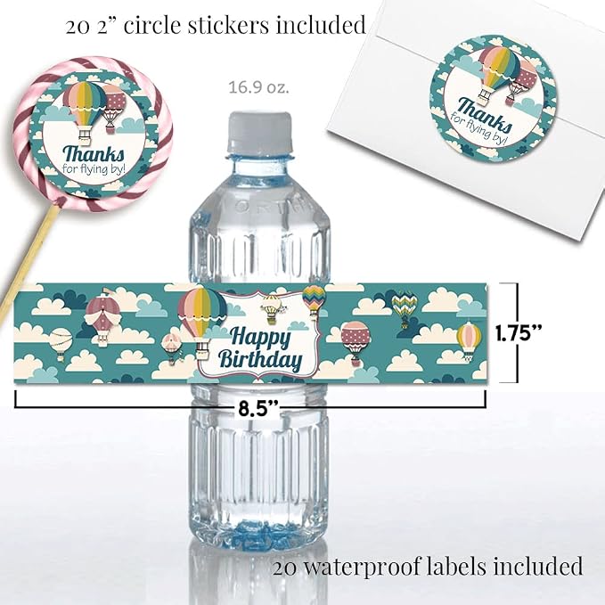 Amanda Creation Deluxe Up & Away Hot Air Balloon Birthday Party Bundle Includes 20 Invitations & Thank You Cards & Envelopes + 2 Sizes of Stickers,& Water Bottle Labels!