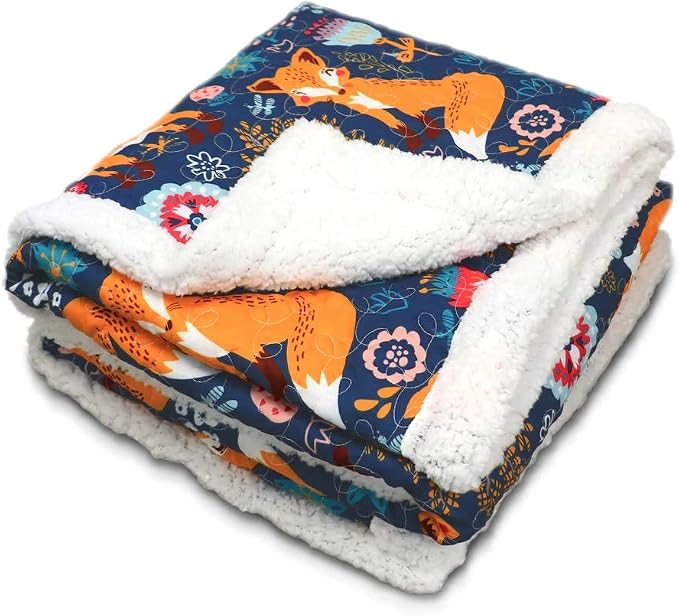 Lush Decor Pixie Fox Sherpa Throw Blanket 50”W x 60"L Navy & Orange - Sherpa Blankets - Toddler Blanket For Bed - Navy Girls Room Decor - Floral Throw