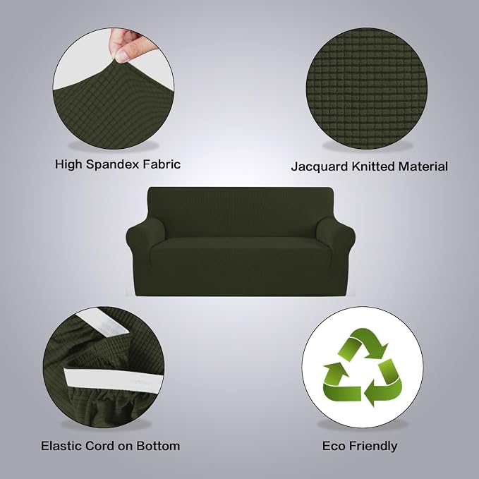 H.VERSAILTEX Stretch Couch Covers for Sofa 1 Piece Slipcovers for Couches and Sofas 3 Seater Couch Cover Feature Thick Checked Jacquard Fabric with Elastic Bottom(Sofa 72"-88" Wide, Olive)
