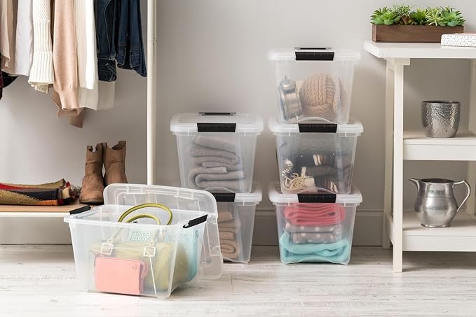 IRIS USA 4-Pack 19 Quart Storage Bins with Lids, Clear | Transparent design makes contents easy to find. Great for linens, décor, closet storage, and supplies. Nestable design saves