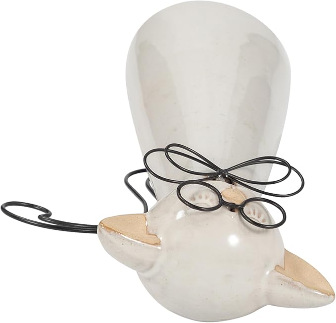 Ceramic Cat Figurine Sculpture – Playful Room Decor Accent, Shelf, Desk, or Console Placement, Whimsical Cat Home Decor With Glasses and Bow – 11", White