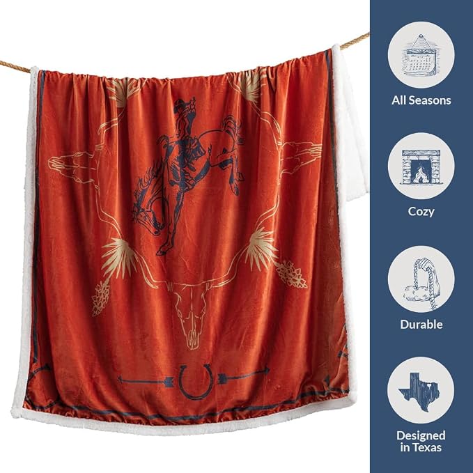 Indigo Hill by HiEnd Accents Marfa Sherpa Throw Blankets, Cowboy Arrow Horsehoe Scull Print Orange Western Blanket for Camping, Rustic Southwest Southwestern Rodeo Sherpa Fleece Blanket, 54x68 inch