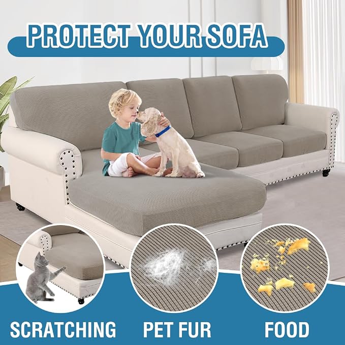 H.VERSAILTEX Sectional Couch Covers 8 Pieces Stretch Sofa Covers for Sectional Sofa Set Separate L Shaped Couch Cover for Both Left/Right Couch (Seat and Back: 1 Chaise + 3 Sofa, Taupe)