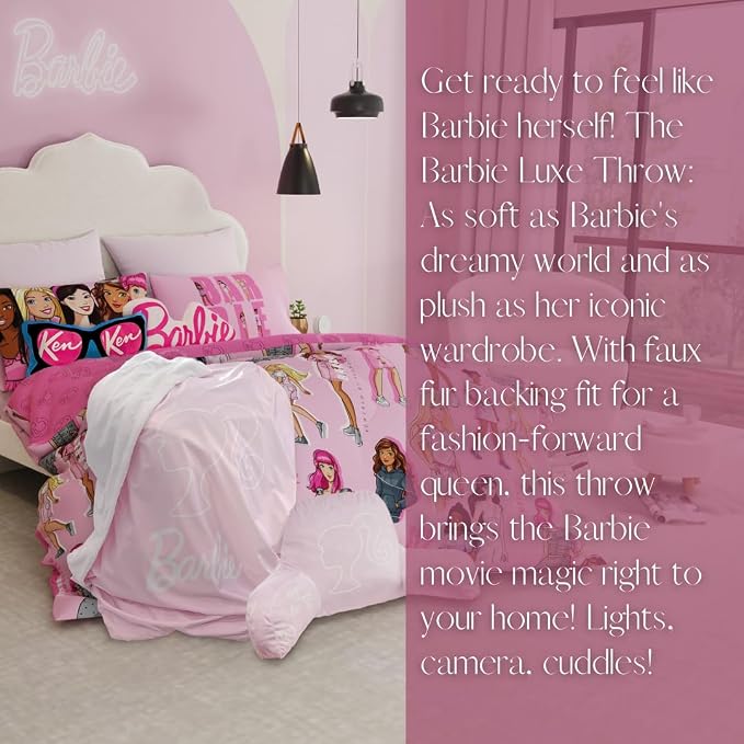 Collectibles Barbie Movie Bedding Super Soft Plush Luxury Faux Fur Throw, 50 in x 60 in, (Official Licensed Product) by Franco