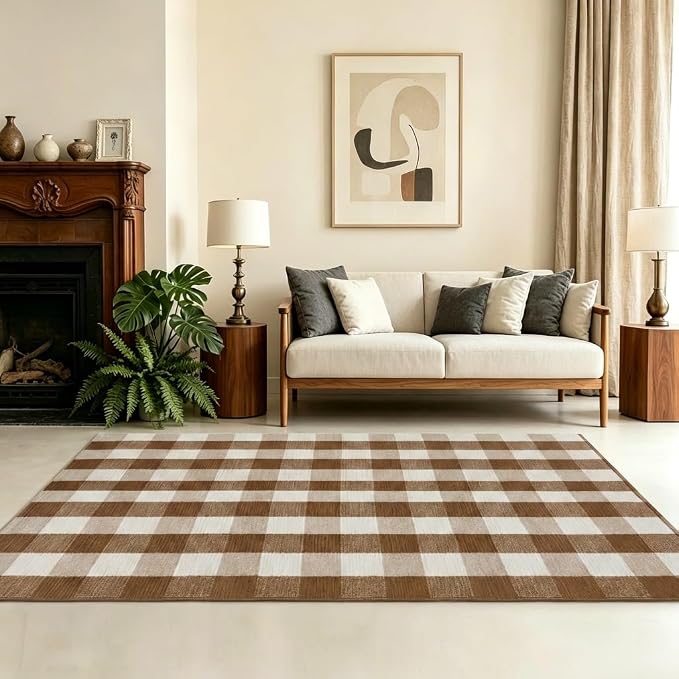SEEKSEE Buffalo Plaid Rug 4' x 6' Coffee and White Large Front Door Mat, Layering Area Rug, Fall Rug for Outdoor Patio Entryway Indoor Living Room Kitchen Dining Room Decor