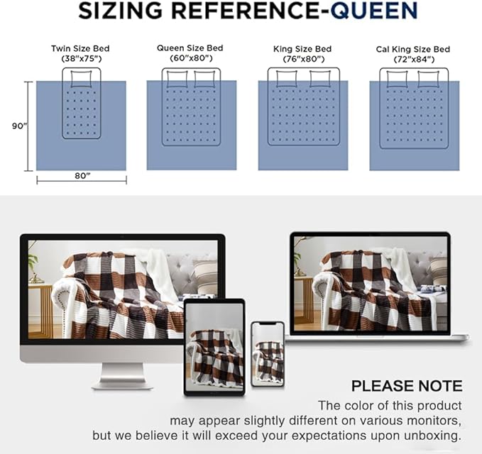 PU MEI Sherpa Blanket Full/Queen Plaid Thick Bed Blanket, 90”*80” Super Soft Flannel Fuzzy Fleece Reversible Velvet Plush Warm Blanket for Couch (Brown-Check, 80"*90")