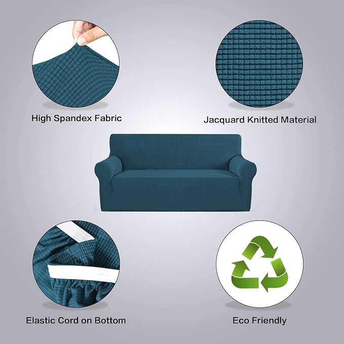 H.VERSAILTEX Stretch Couch Covers for Sofa 1 Piece Slipcovers for Couches and Sofas 3 Seater Couch Cover Feature Thick Checked Jacquard Fabric with Elastic Bottom(Large Sofa 90"-100" Wide, Deep Teal)