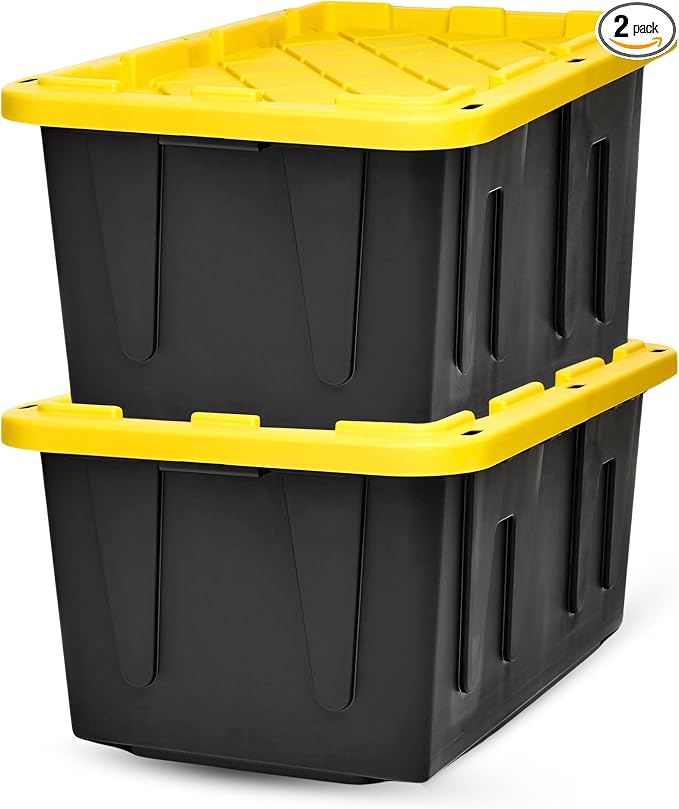 HOMZ Durabilt Heavy Duty Storage Container | 27 Gallon | Flip Lid & Stackable | Durable Tote | Black Base with Yellow Lid, 2 Pack | Heavy-Duty Large Stackable Container Boxes for Home, Attic, and Garage Organization