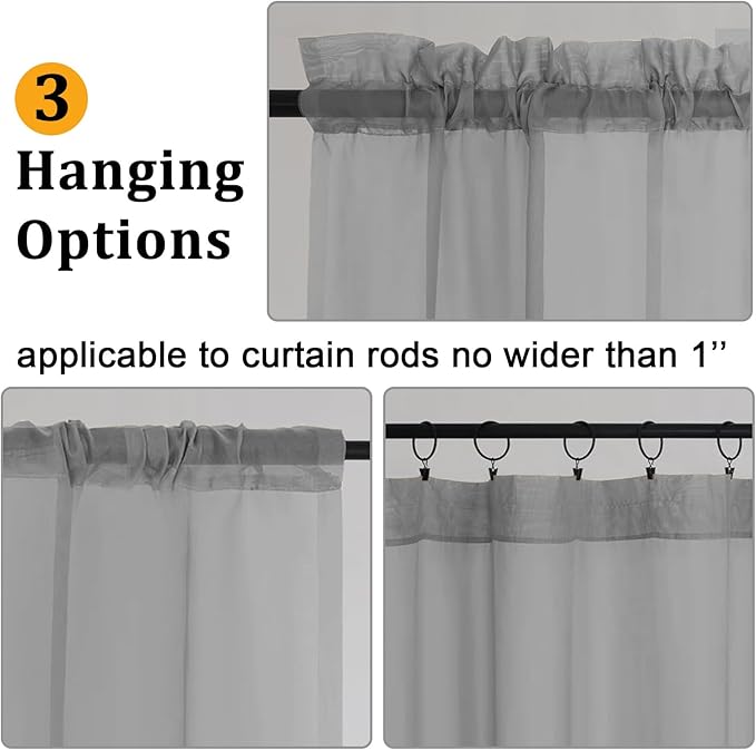 Gwine Charcoal Grey Sheer Curtains 90 Inches Long 2 Panels Set, Light Filtering - Image 4