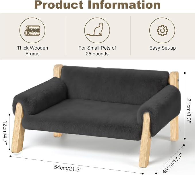 FAMIDGE Elevated Cat Couch Bed for Indoor Cats - Wooden Pet Sofa with Removable Washable Thick Cover Raised Kitty Lounge Chair Suitable for Puppy or Small Animals(Cat Sofa Grey)