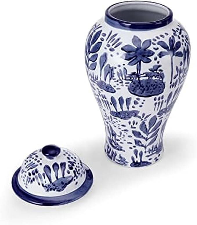 Mikasa Blue and White Landscape Round Ceramic Ginger Jar, Store Small Household Items or Display Faux Florals