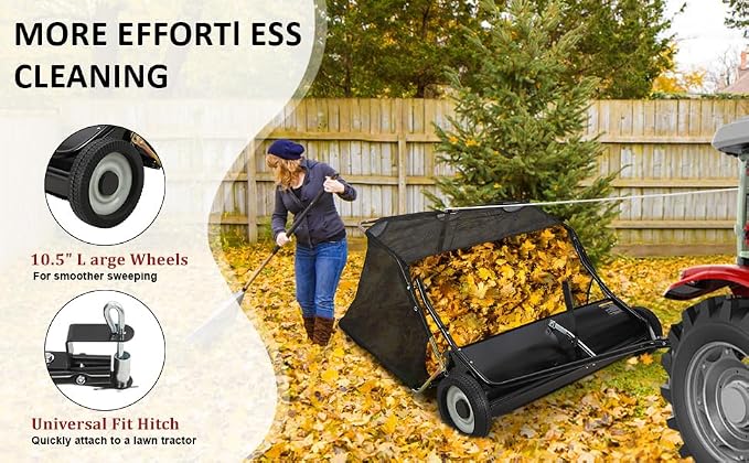 Tow Behind Lawn Sweeper 48 Inch, 26 Cu.ft Leaf & Grass Collector, Heavy Duty Yard Sweeper for Lawn Tractors, Adjustable Height Pull Behind Lawn Sweeper for Leaves, Grass Clippings & Debris