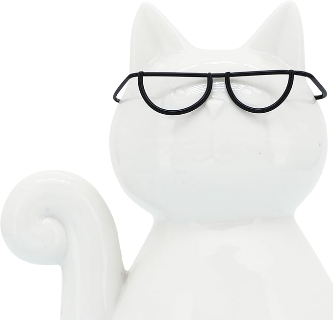 7" Cat with Glasses Sculpture - Contemporary Porcelain White and Black Cat Statue for Home or Office Decor - Cat Lover Gift Idea - Decorative Home Decor Accent