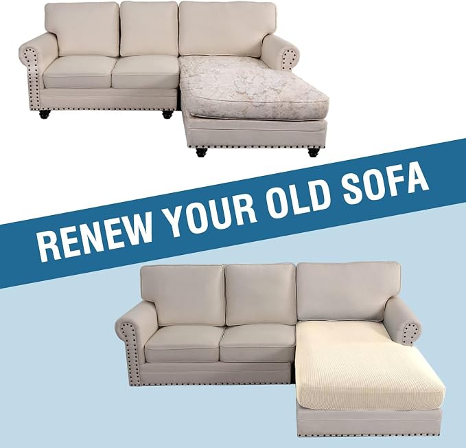 H.VERSAILTEX Sectional Couch Covers 1 Piece Chaise Slipcover L Shape Separate Cushion Couch Cover for Both Left/Right Sectional Couch (Seat Only: 1 Chaises, Cream)