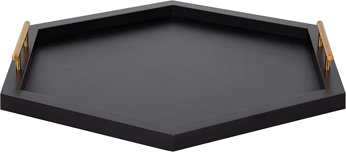 Kate and Laurel Halsey Hexagon Decorative Wooden Tray with Polished Metal Handles; 22 x 19; Black and Gold; Modern Glam Wood Hexagon Serving Tray for Display or Decoration