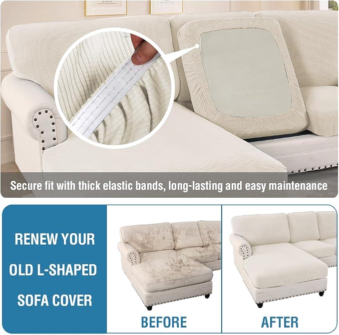 H.VERSAILTEX Sectional Couch Covers 8 Pieces Stretch Sofa Covers for Sectional Sofa Set Separate L Shaped Couch Cover for Both Left/Right Couch (Seat and Back: 1 Chaise + 3 Sofa, Ivory)