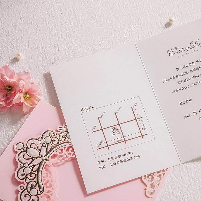 Hosmsua 50PCS Blank Pink Quinceanera Invitations Kit 5x7.3 Inch Laser Cut Floral Gold Crown Pocket Quinceanera Invitation Cards with Envelopes for Birthday Bridal Shower Invite
