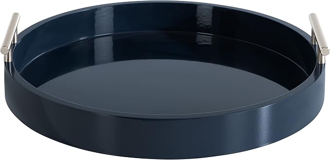Kate And Laurel Lipton Modern Round Tray; 15.5 Diameter; Navy and Silver; Decorative Accent Tray for Storage and Display