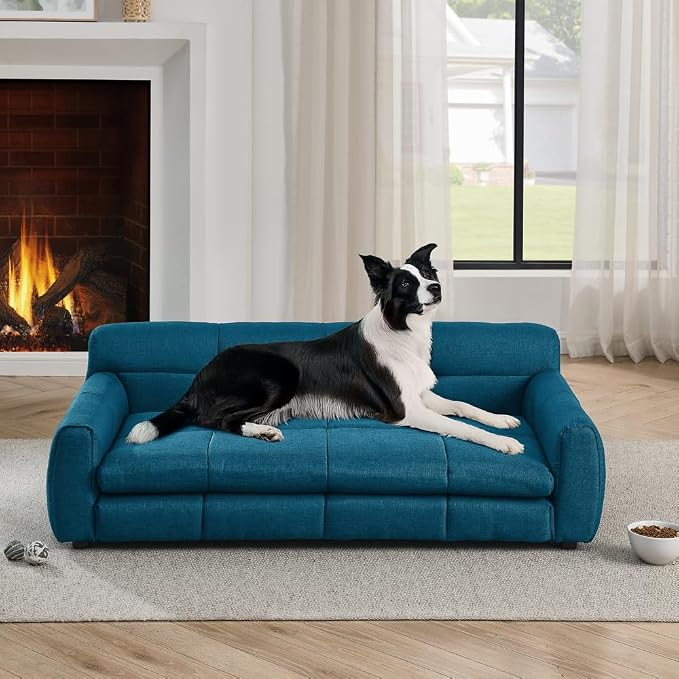 Dog Couch Bed, 51" Sofa for Dogs with Backrest and Armrest, Durable Pet Sofa with Soft Foam Cushion, Elevated Dog Couch Bed with Legs for Medium and Large Dogs, Blue